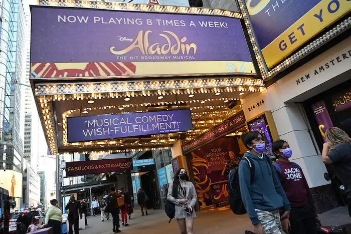 The marquee for Aladdin on Broadway at The New Amsterdam Theatre in New York.